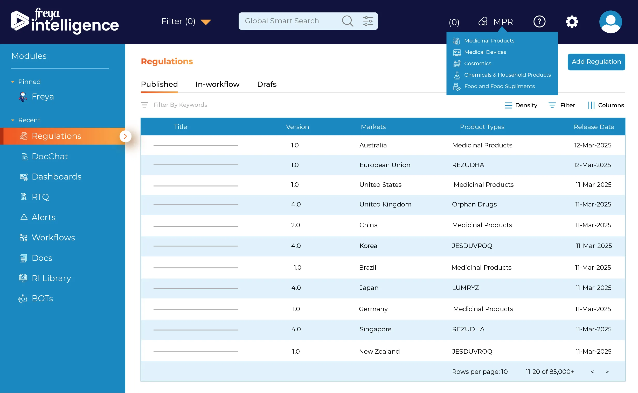 Freya.Regulations feature in Freya.intelligence tool